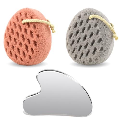 BAIMEI Bath Sponge and Stainless Steel Gua Sha Tool for Face & Body, Exfoliating Shower Sponge and Massage Tool Set image 1
