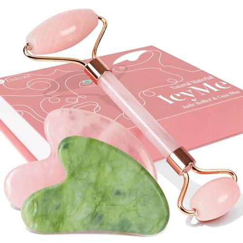 BAIMEI Rose Quartz Roller Set & Xiuyan Jade Gua Sha – Face Massager Tool and Guasha Tool for Face image 1