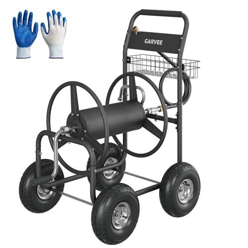 Garvee Garden Hose Reel Cart with Wheels, Hold Up to 300 ft of 5/8’’ Hose, Heavy Duty Water Hose Reel with Storage Basket, 4 Large Pneumatic Tires, Mobile Outdoor Hose Storage for Garden, Ya image 1