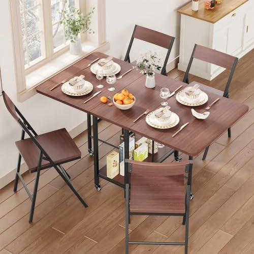 Garvee Dining Table Set for 4,Foldable Dining Table with 4 Foldable Chairs, Rectangle Space Saver Table and Chairs Set with Swivel Wheels, for Small Space,Apartment,Kitchen,Dining Room, Waln image 1