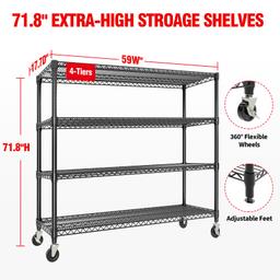 Garvee 4-Tiers Storage Shelves Heavy Duty Garage Shelving Units with Wheels 59" W x 71.8" H, 2640LBS Rolling Wire Shelving Rack, Adjustable Shelf for Garage Kitchen Warehouse Industrial Pantry image 2