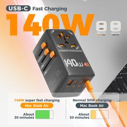 TESSAN Universal Travel Adapter with Dual AC Outlet Small Worldwide Plug Adaptor and GaN 140W International Power Adapter with 3 USB C and 1 USB A Ports (Type C G A I) image 5